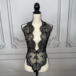 Free People Show Off Black Sheer Lace Halter Bodysuit | Size S